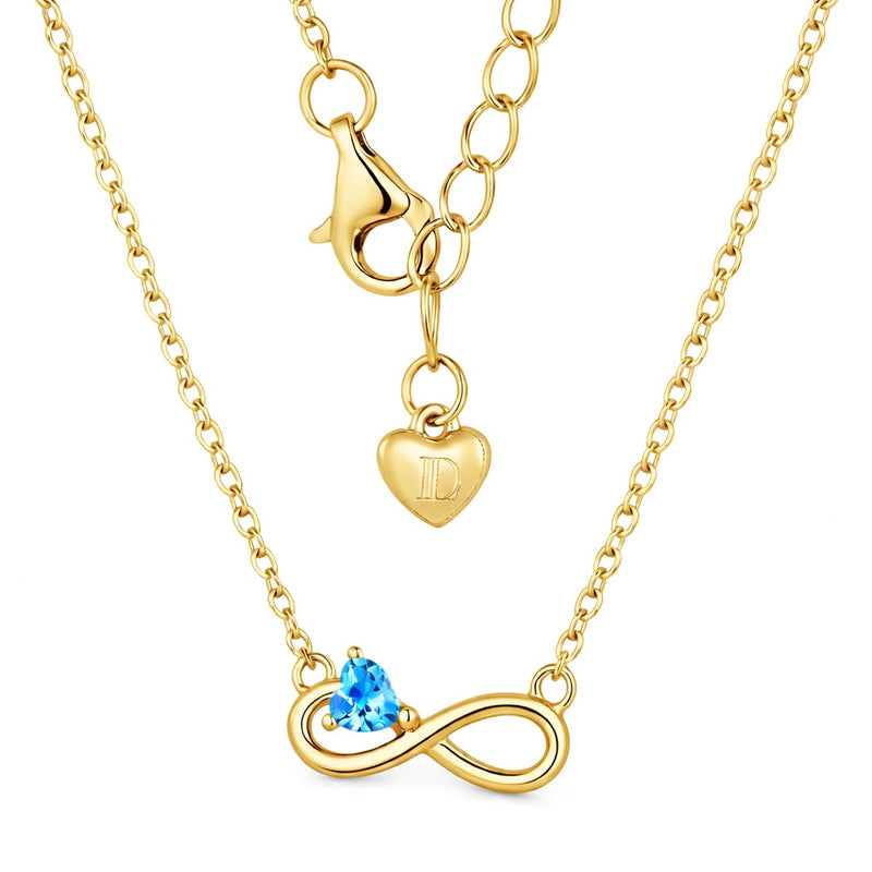 blue topaz birthstone necklace in yellow gold finish — back view