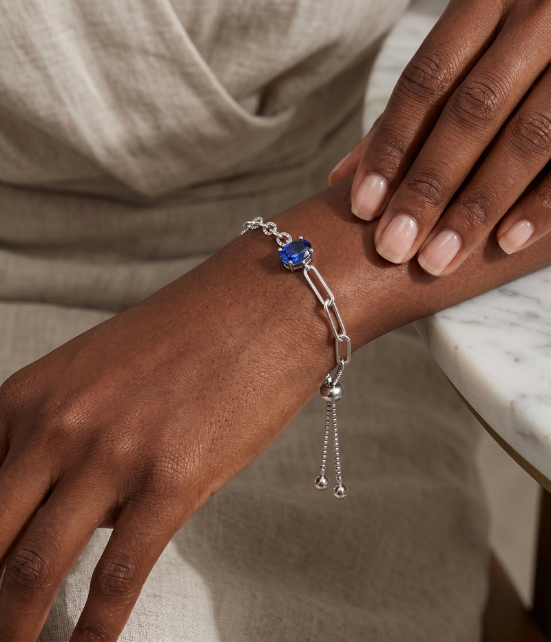 blue sapphire chain bracelet in white gold finish — model view