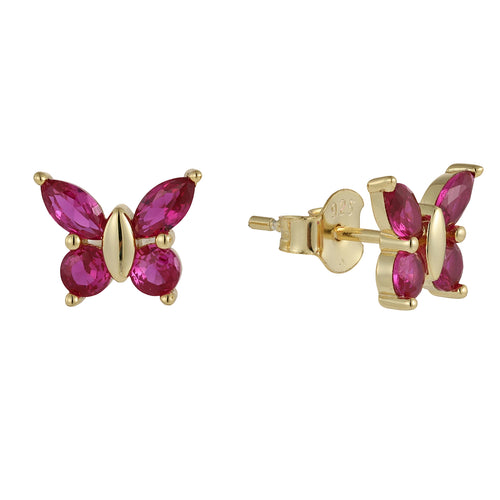 red ruby butterfly stud earrings in yellow gold finish — front view