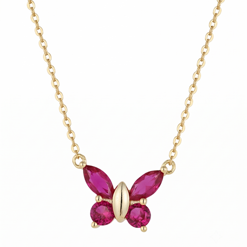 red ruby butterfly pendant necklace in yellow gold finish — front view