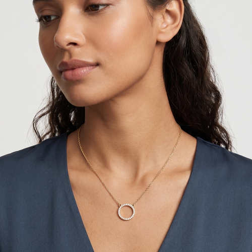 pavé circle pendant necklace in yellow gold finish — model view